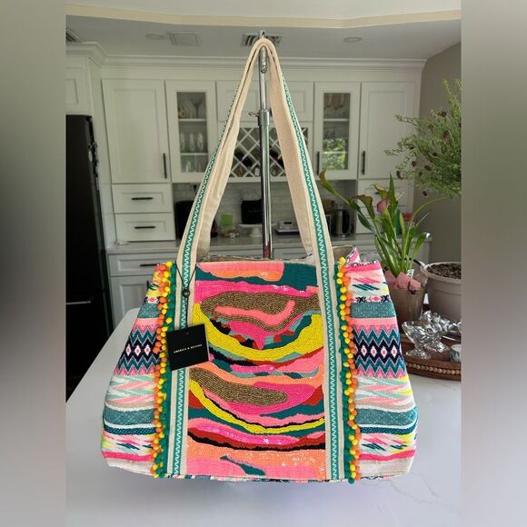 America and Beyond DAPHNE EMBELLISHED MULTI-COLORED HAND BEADED TOTE NWT - Picture 13 of 16